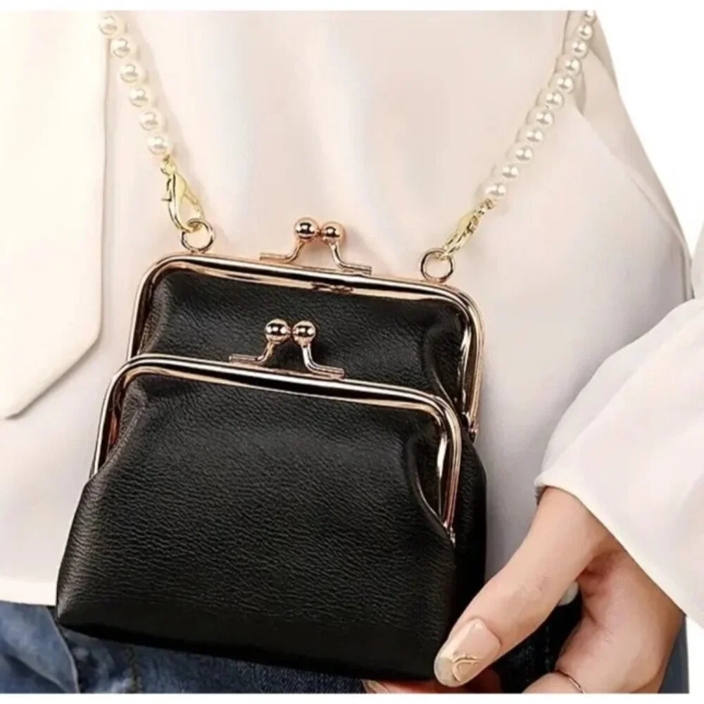Double Kisslock Pearl crossbody strap vegan leather Black handbag